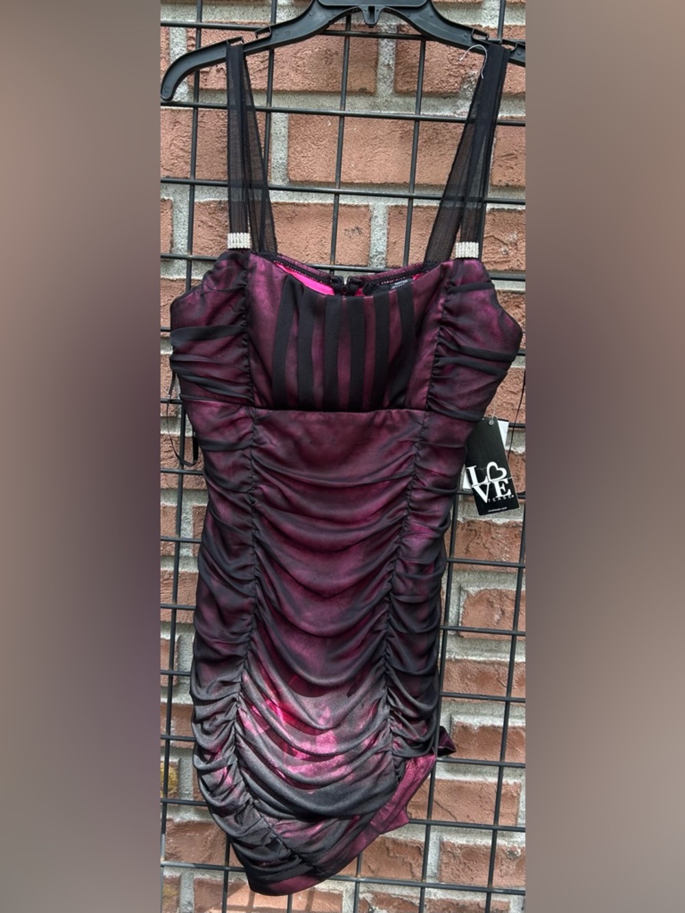 Love Tease Magenta and Black Ruched Bodycon Dress with Rhinestone Straps